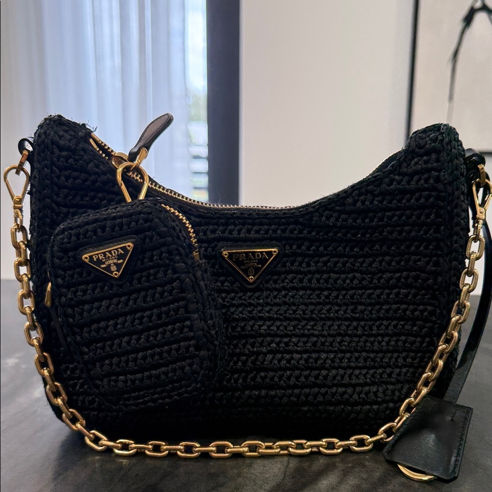 Authentic Prada Black Crochet Shoulder Bag with Gold Chain